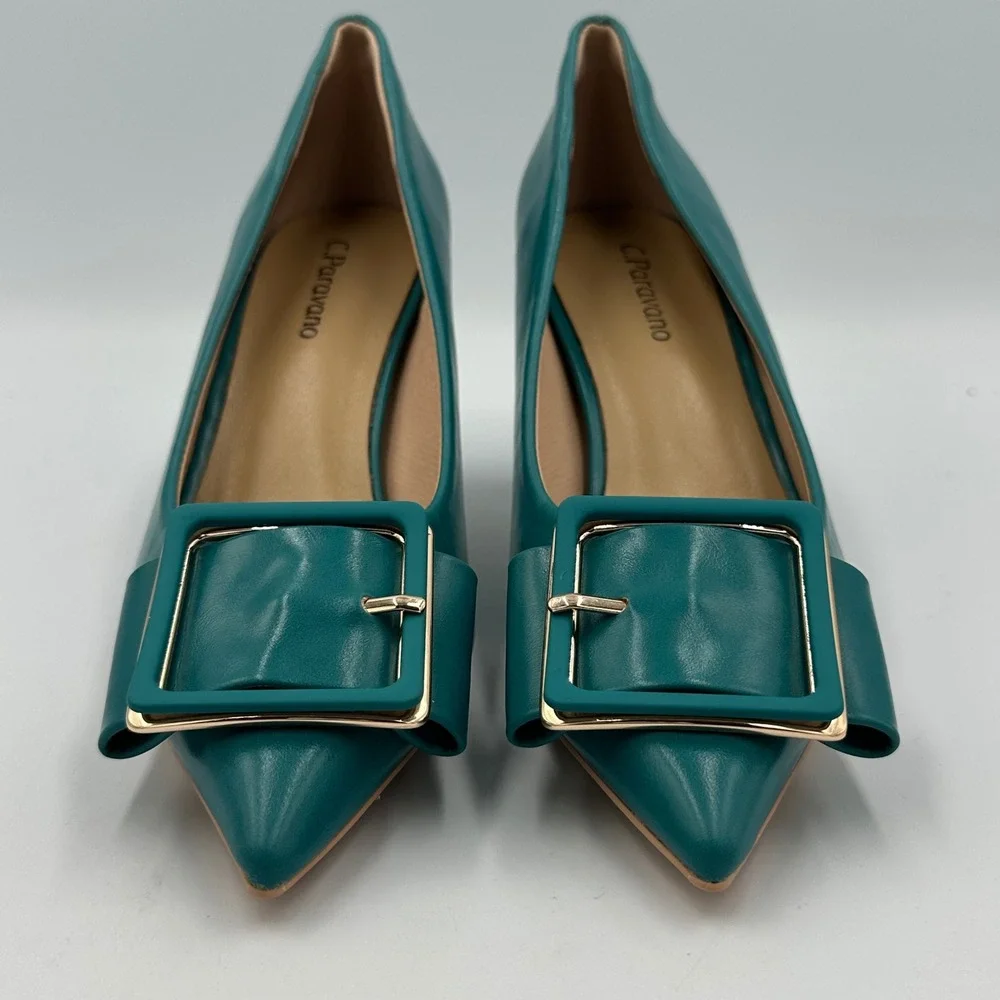 C.Paravano Peacock Blue Buckle Pumps Sz 36 / 5.5 Leather Pointed Toe Kitten Heel